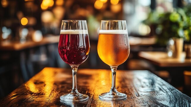 Two glasses of beer, one red and one amber, on a wooden table in a pub.