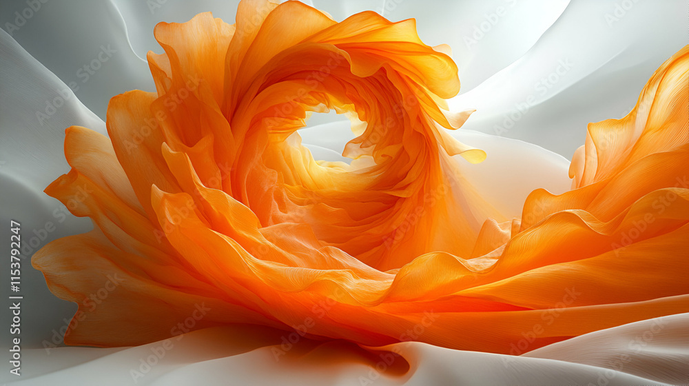 Poster orange fabric swirling, a dynamic dance of texture and light, creating a mesmerizing visual symphony