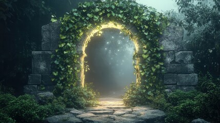 enchanted ancient stone archway portal with glowing magical energy and climbing ivy leading to mystical fantasy realm in photorealistic 3d digital art