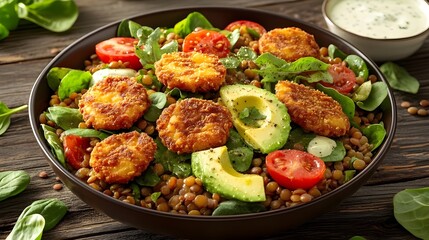 Fototapeta premium Bowl of Lentil Salad with Crispy Chicken.