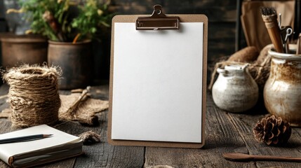 Blank clipboard mockup on rustic wooden table with art supplies.