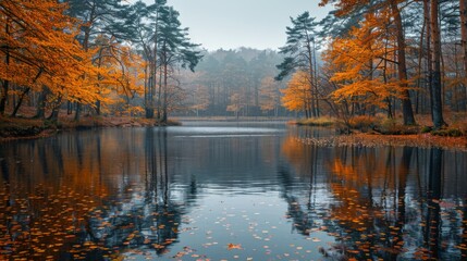 Fototapeta premium A serene lake surrounded by trees with leaves falling