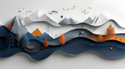 Layered Mountainscape, Autumnal Hues & Wildlife Wander Through Rolling Hills Under a Sky Full of Birds