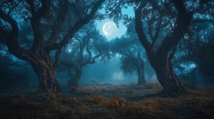 Fototapeta premium enchanted dark forest landscape at night with ancient twisted trees, mysterious fog and full moon creating ethereal halloween atmosphere
