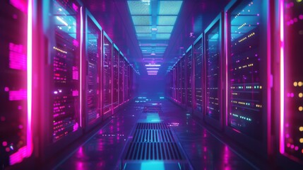 A neon colored computer room with many computer servers