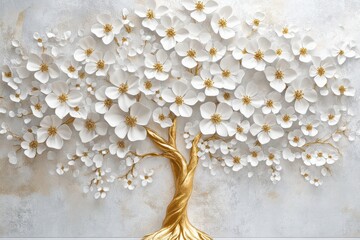 Golden tree of life mural with exquisite white flowers rendered in high-quality 3D on a minimalistic background. 