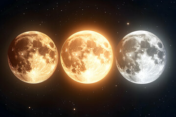 Celestial Triptych, Three Moons Illuminate the Night Sky with Golden and Silver Hues, a Cosmic Ballet of Light and Shadow