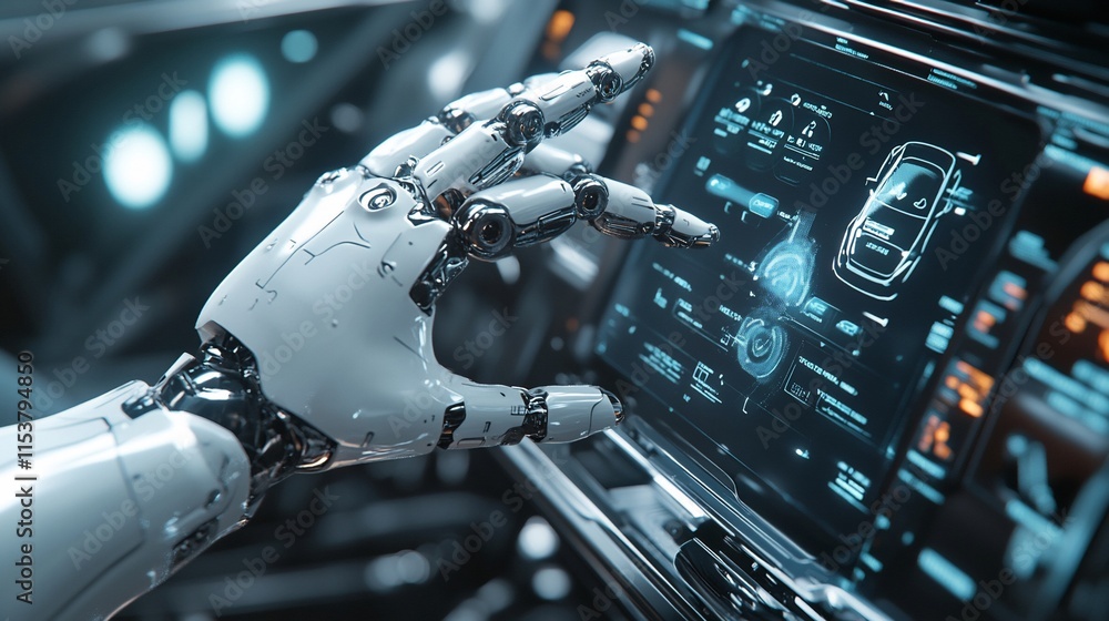 Poster a robotic hand interacts with a futuristic dashboard display.