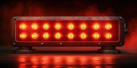 Obraz premium Red warning light bar with bright glowing bulbs in a dark atmospheric setting