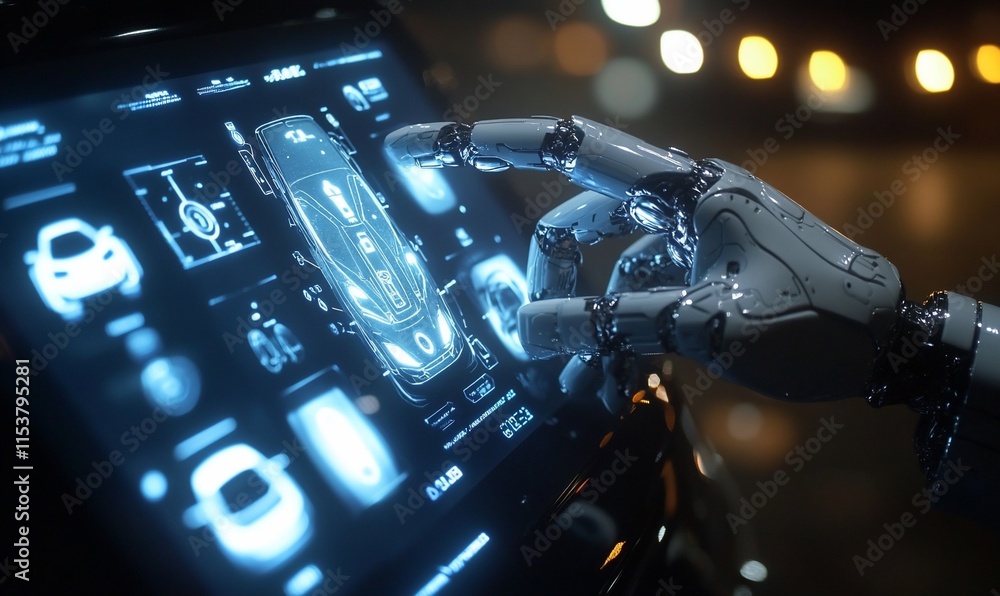 Poster a robotic hand interacts with a high-tech car control interface.