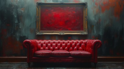A red couch is sitting in front of a red framed painting