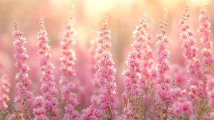 Naklejka premium A serene field of pink flowers bathed in soft sunlight, evoking tranquility and beauty.