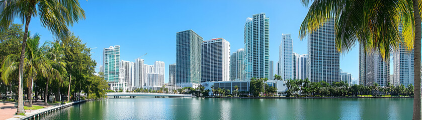 Fototapeta premium Urban Skyline, Cityscape with Modern High-rises and Lush Tropical Foliage