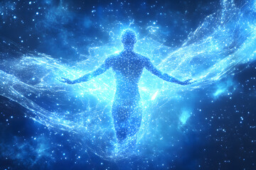 Futuristic Woman Silhouette with Glowing Particles and Digital Network Dress &ndash; Abstract Technology Concept