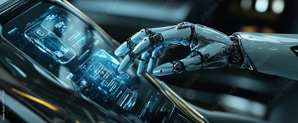 Poster a robotic hand interacts with a futuristic touchscreen interface.