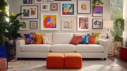 Colorful living room with gallery wall, sofa, and ottoman.