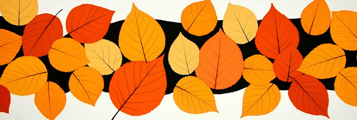 Autumn Leaves Pattern, Orange, Red, and Yellow Foliage Arranged in a Wave-like Design on a Black and White Background, Displaying Seasonal Colors and Natural Beauty.