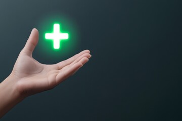Obraz premium A clean icon of a hand holding a glowing medical cross, rendered in a soft blue and green palette
