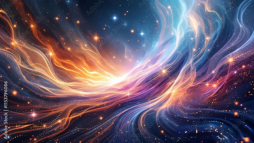 Poster glowing orange and red fractal waves in space with fiery motion and energy, creating a hot and vibra