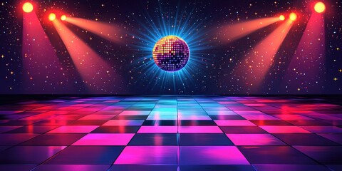 Vibrant dance floor with disco ball and colorful lights creating a festive atmosphere for a night of celebration