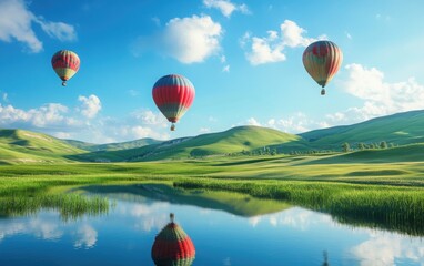 Obraz premium A peaceful meadow with green hills, hot air balloons soaring above, and a tranquil pond adding to the landscape's charm. 