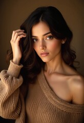 Fototapeta premium A woman with wavy dark brown hair, wearing an off-shoulder oversized brown knit sweater