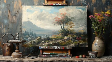 A painting of a mountain landscape with a vase of flowers on a table