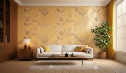 living room with a white couch and a yellow wall