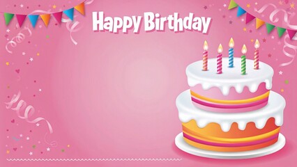 Happy birthday cake vector background design. Birthday greeting text with cake, candle, party hat, pennants and whistle decoration elements in pink background. Vector illustration invitation card
