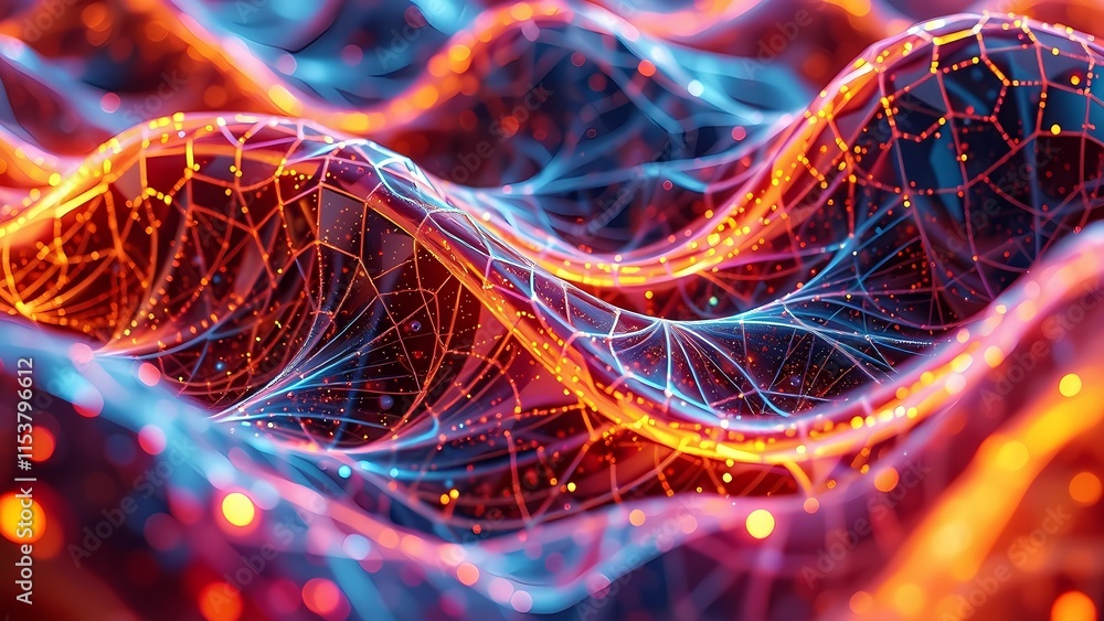 Poster an abstract, glowing red and black background featuring swirling fractal patterns and dynamic energy