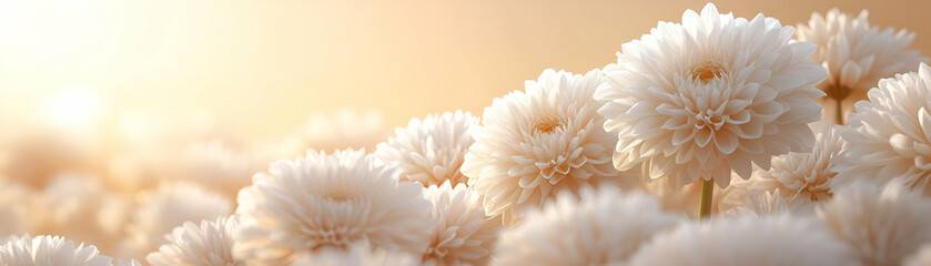 Obraz premium Creamy Dahlias Bloom in Golden Light: Flowers radiate warmth and serenity in a sunlit field.