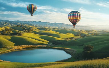 Obraz premium A picturesque landscape featuring rolling green hills, a calm pond, and vibrant hot air balloons gently floating in the sky, with bright colors standing out against the serene blue sky. 
