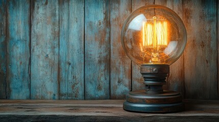 Vintage Edison style globe lamp on rustic wooden planks.