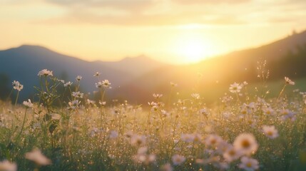enchanting summer meadow landscape at golden hour with dancing wildflowers, luminous morning dew, and majestic mountain silhouettes against pastel sky