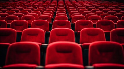 Obraz premium A row of empty red theater seats arranged in a symmetrical pattern.
