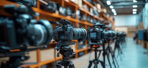 Fototapeta premium A row of cameras on tripods in a warehouse setting, showcasing photography equipment.