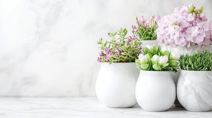 Fresh and Elegant Floral Arrangements in Decorative White Vases on Marble Background