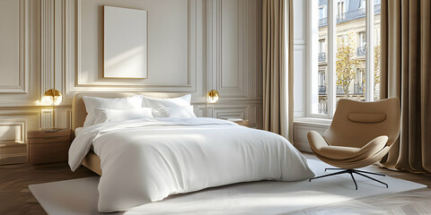 Elegant Bedroom Design, Calm Space with Neutral Tones and Parisian View, Featuring Comfortable Bed and Modern Chair, bathed in sunlight.
