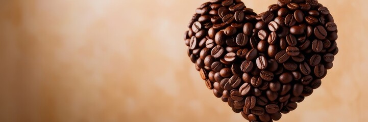 Fototapeta premium Heart made of coffee beans, place for inscription, coffee, roasted grain, brown, heart, bean, cafe, beans, drink, caffeine, love, roasted, symbol. copy space banner