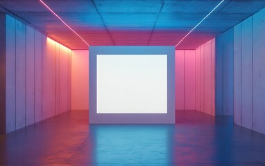 A white, blank canvas positioned in the center of a modern concrete room with minimalist design, featuring a blue ceiling and bright