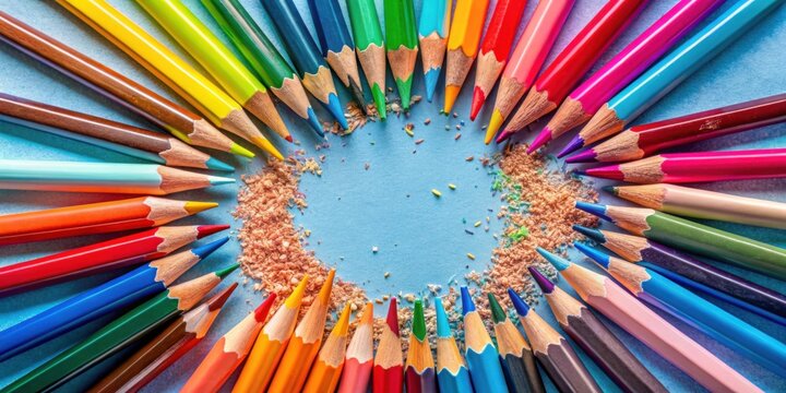 A vibrant array of colored pencils form a circular pattern on a blue background, their sharpened tips pointing inwards, creating a kaleidoscope of colors and a focal point for creativity.