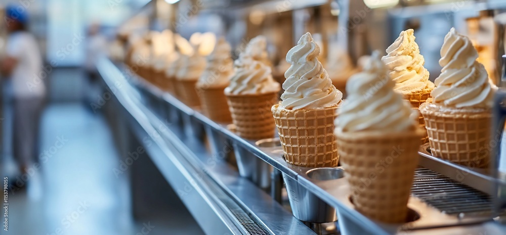Poster a row of soft-serve ice cream cones ready for serving in a shop.
