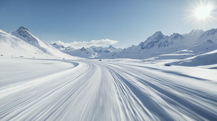snow mountains background and snow road with tire tracks