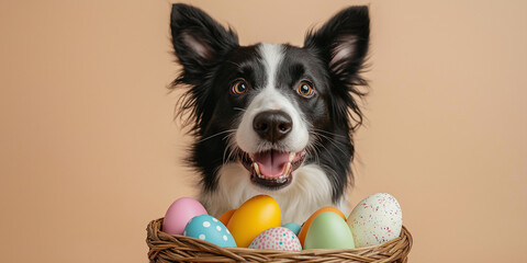 Happy dog with easter eggs indoor setting pet photography bright colors close-up perspective celebrating spring festivities