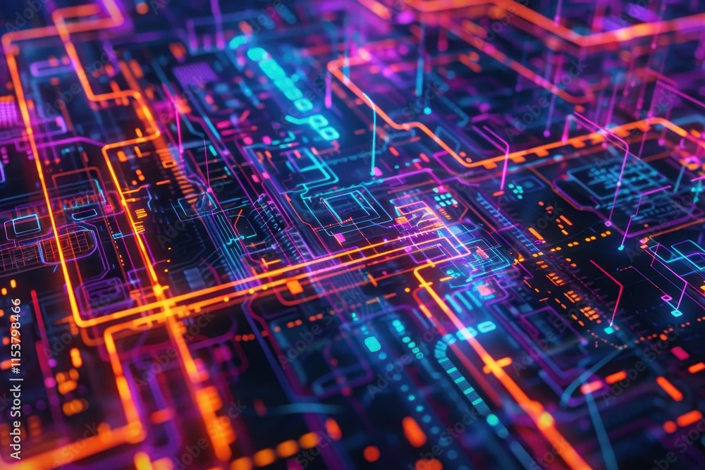 Aufkleber abstract neon circuit board with glowing lines and shapes