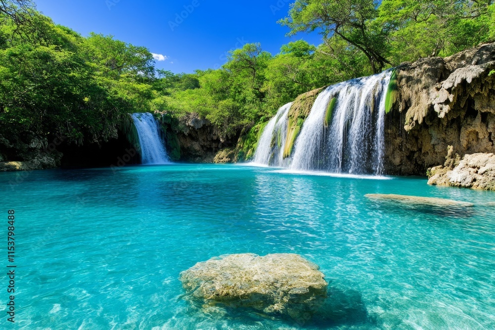 Poster A crystal-clear HDR image of a waterfall cascading into a turquoise pool, with mist rising and light filtering through the trees