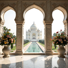 Taj Mahal interior with two large windows and white vases filled with flowers, capturing the serene beauty new image 