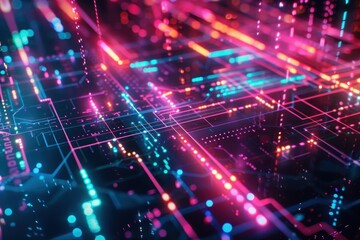 Obraz premium Abstract Circuitry with Glowing Neon Lines and Lights