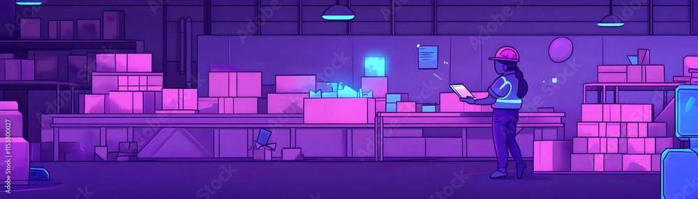 Poster warehouse worker uses tech for inventory management efficiently at night