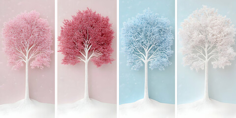 Seasonal Trees, Pastel Hues in Winter Wonderland, Displaying Delicate Branches Covered in Frost, Elegantly Adorned with Soft Colors.